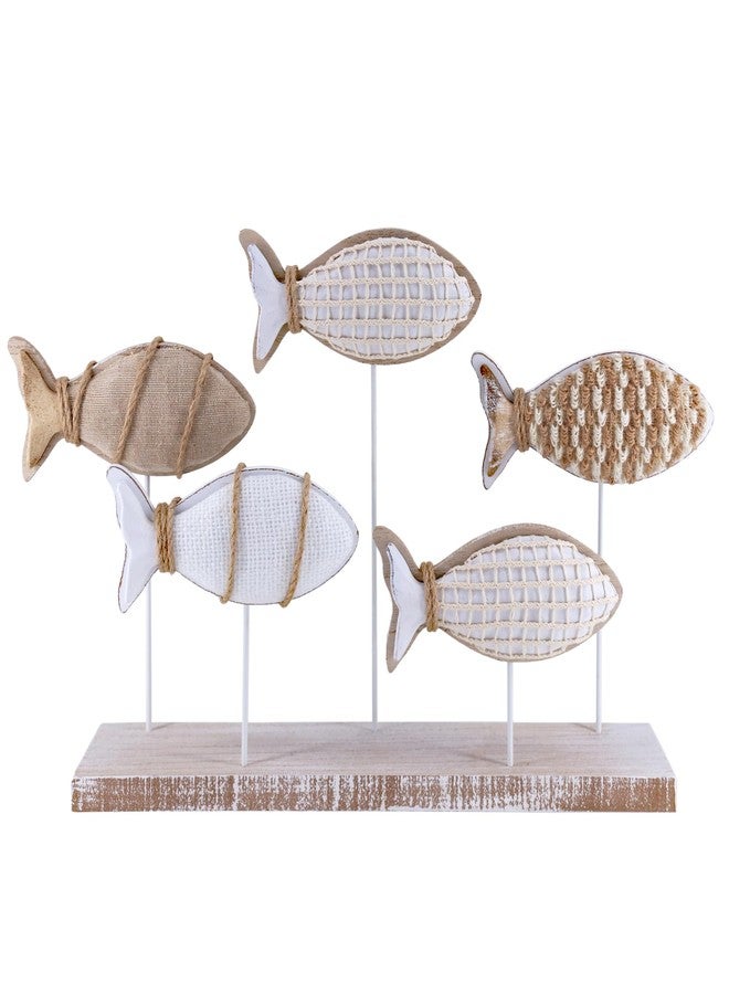 NAUTIMALL Wooden Fish Figurines with Jute Rope and Cotton String, Fish Sculpture Statues for Home Decoration, Table Top Nautical Decor for Living Room, Bedroom, Beachhouse Home Decor (JuteFish-5) - Image 1